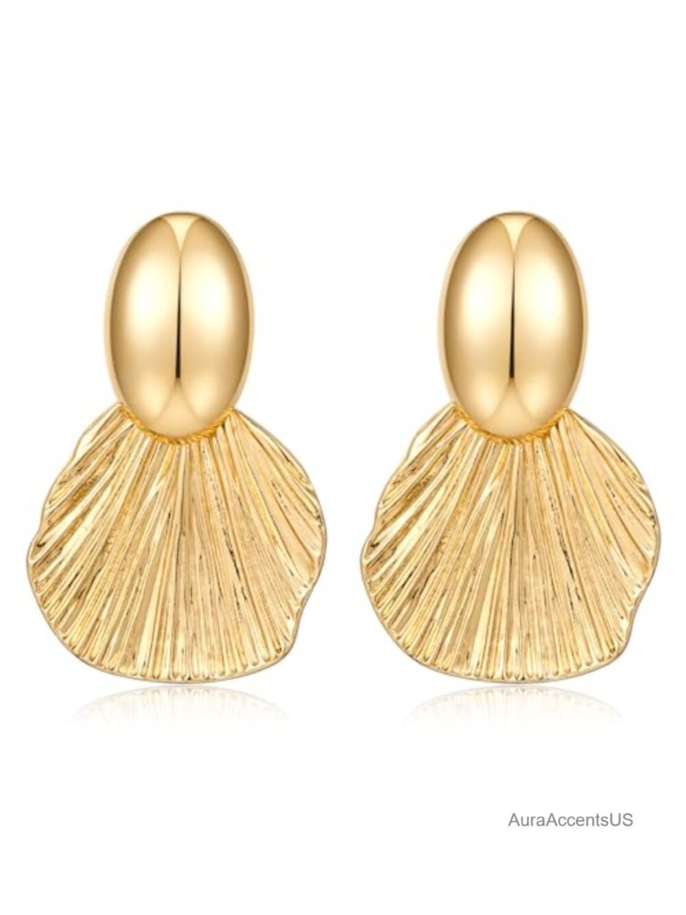 Gold Plated Dangle Chunky Fan-Shaped Shell Earrings for Women